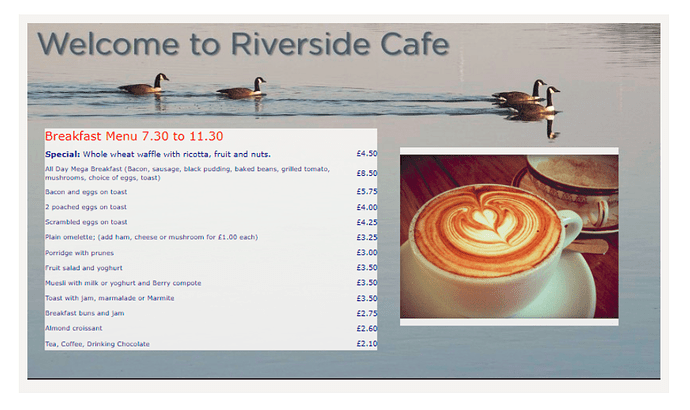 Riverside breakfast menu